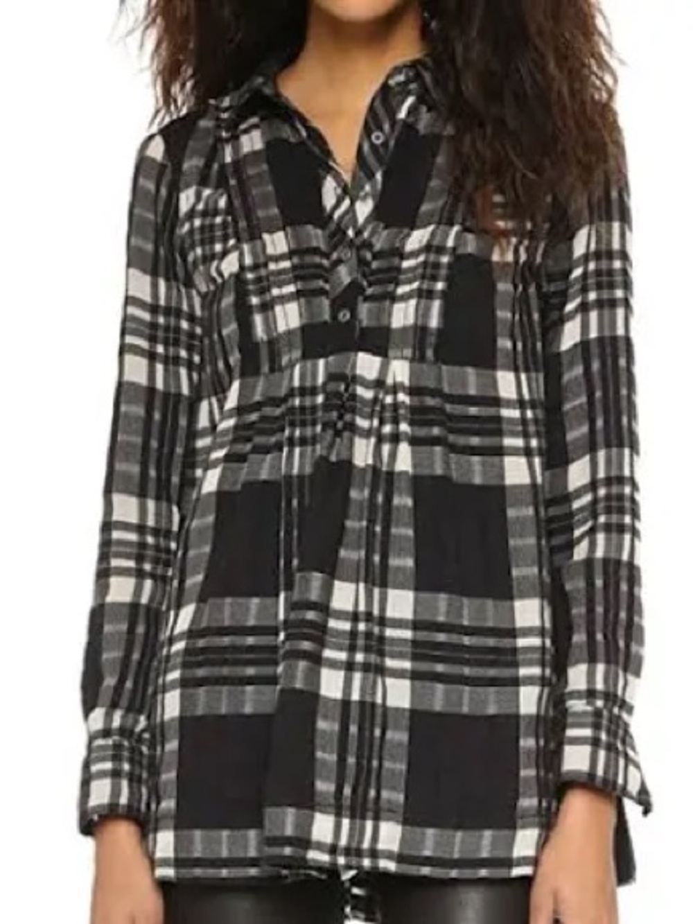 Free People Baby Blues Plaid Flannel Boho Tunic Black White Medium